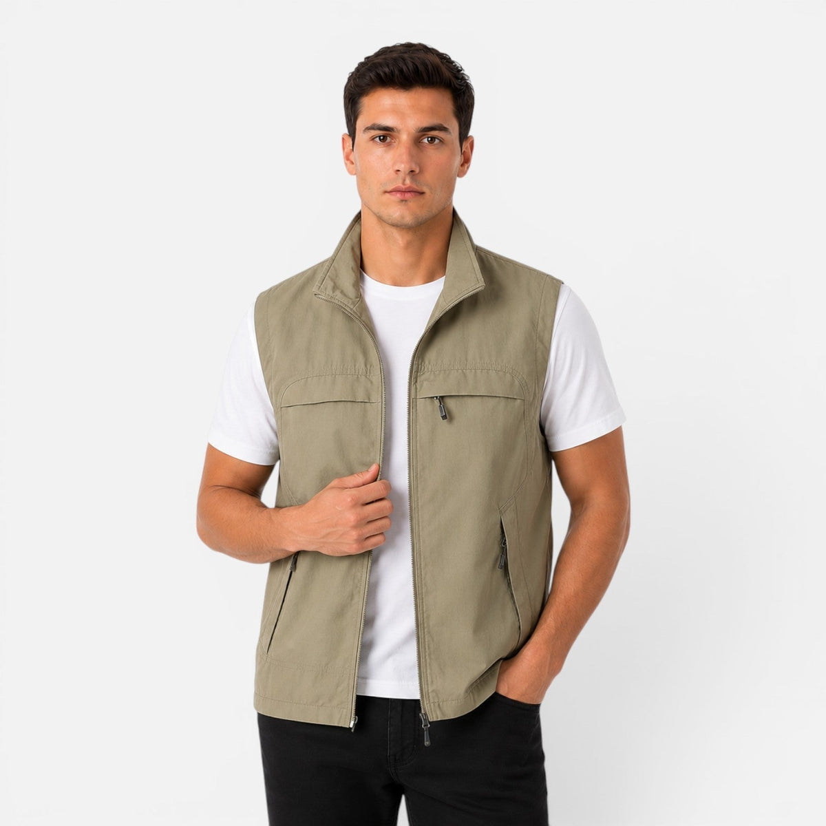 Lekki męski bezrękawnik zapinany na zamek - Khaki