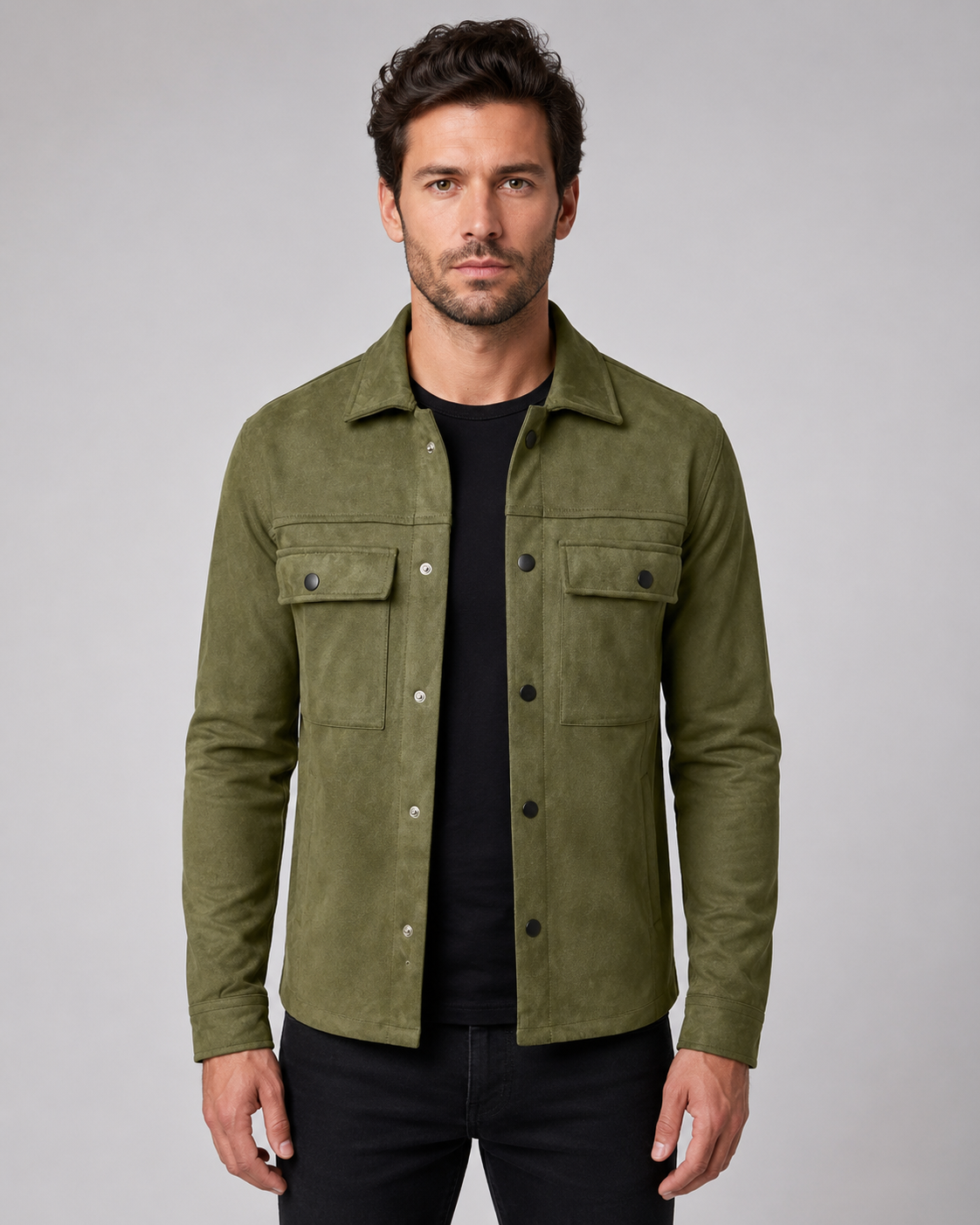 Męski dopasowany overshirt z imitacji zamszu - Zielony