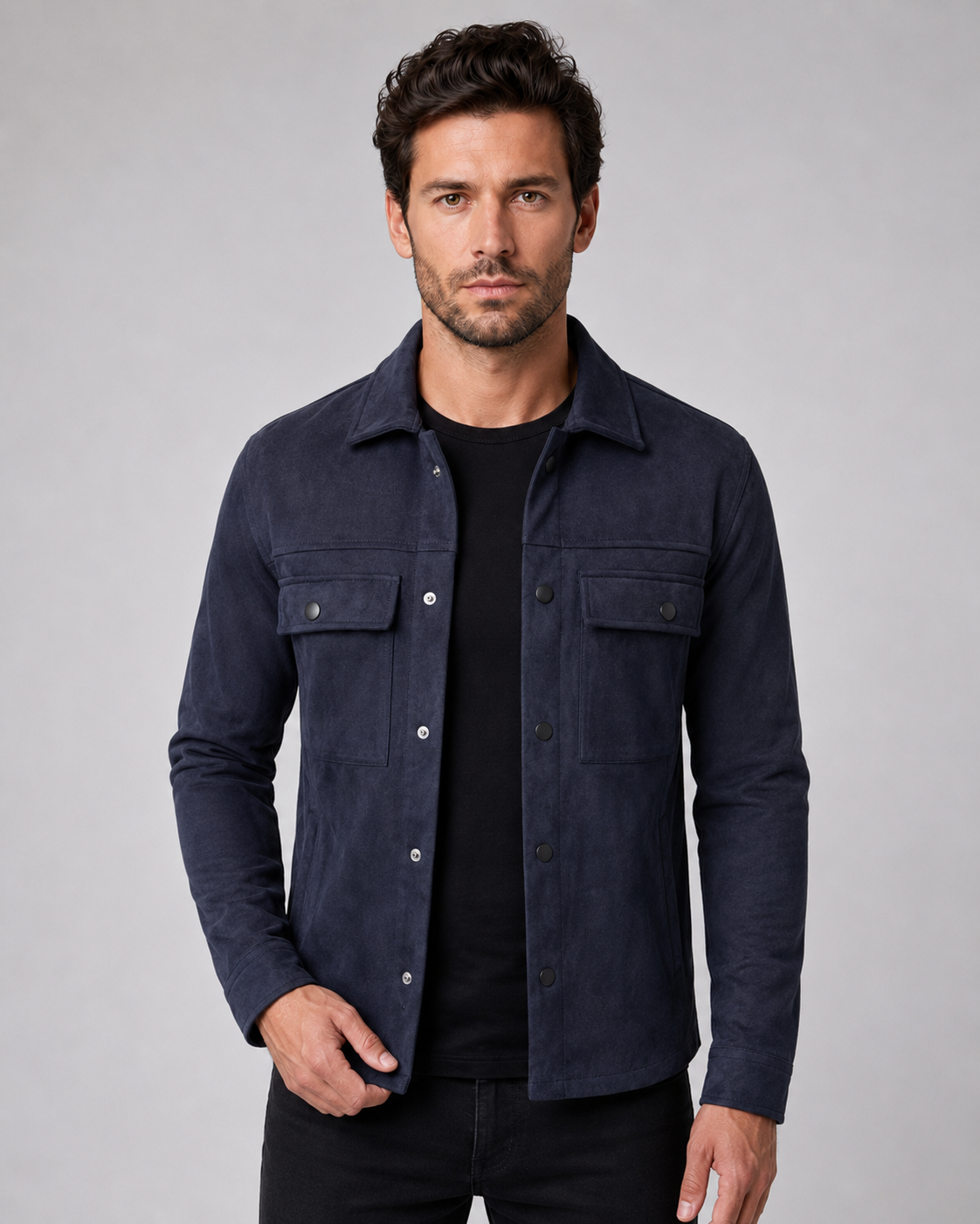 Męski dopasowany overshirt z imitacji zamszu - Granatowy