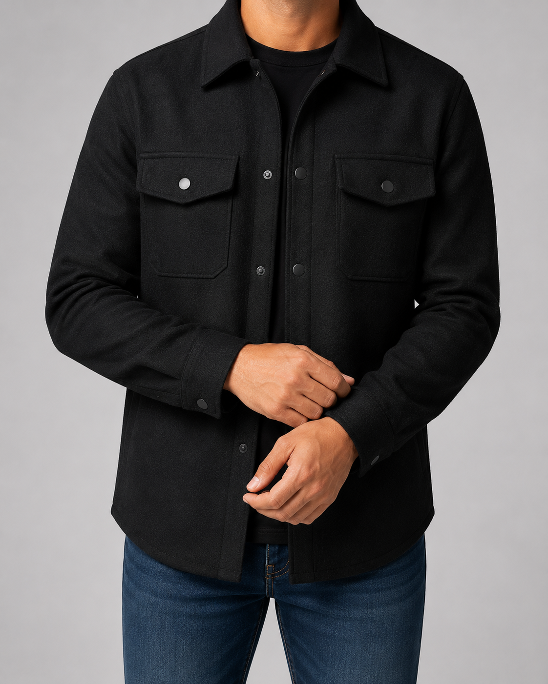 Męska teksturowana kurtka overshirt z domieszką wełny - Czarny