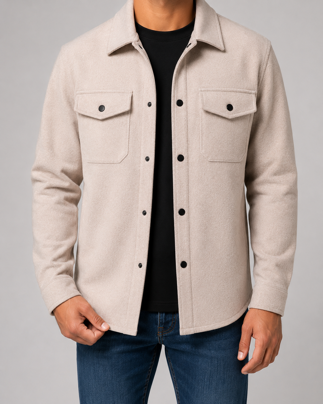 Męska teksturowana kurtka overshirt z domieszką wełny - Beżowy