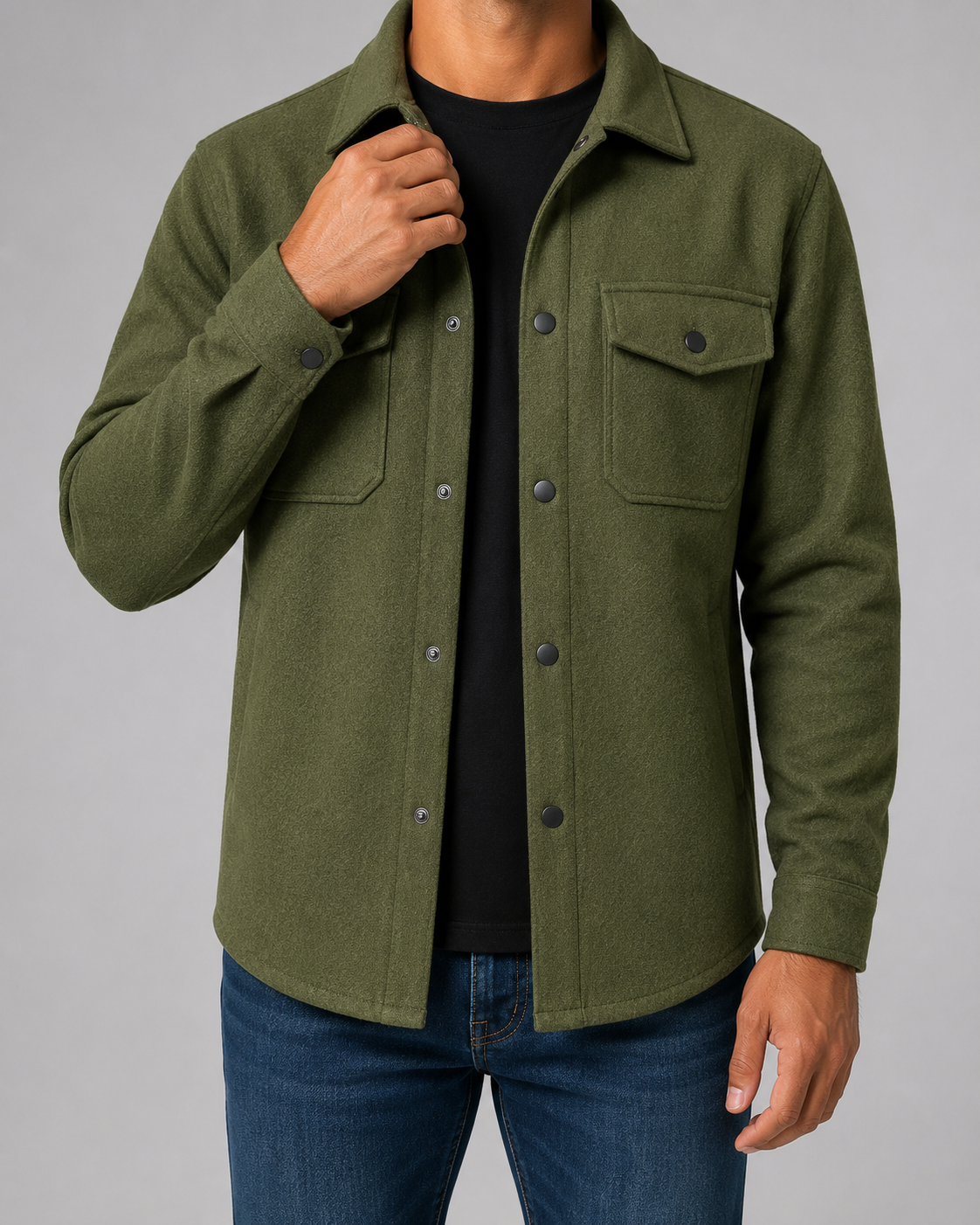 Męska teksturowana kurtka overshirt z domieszką wełny - Zielony