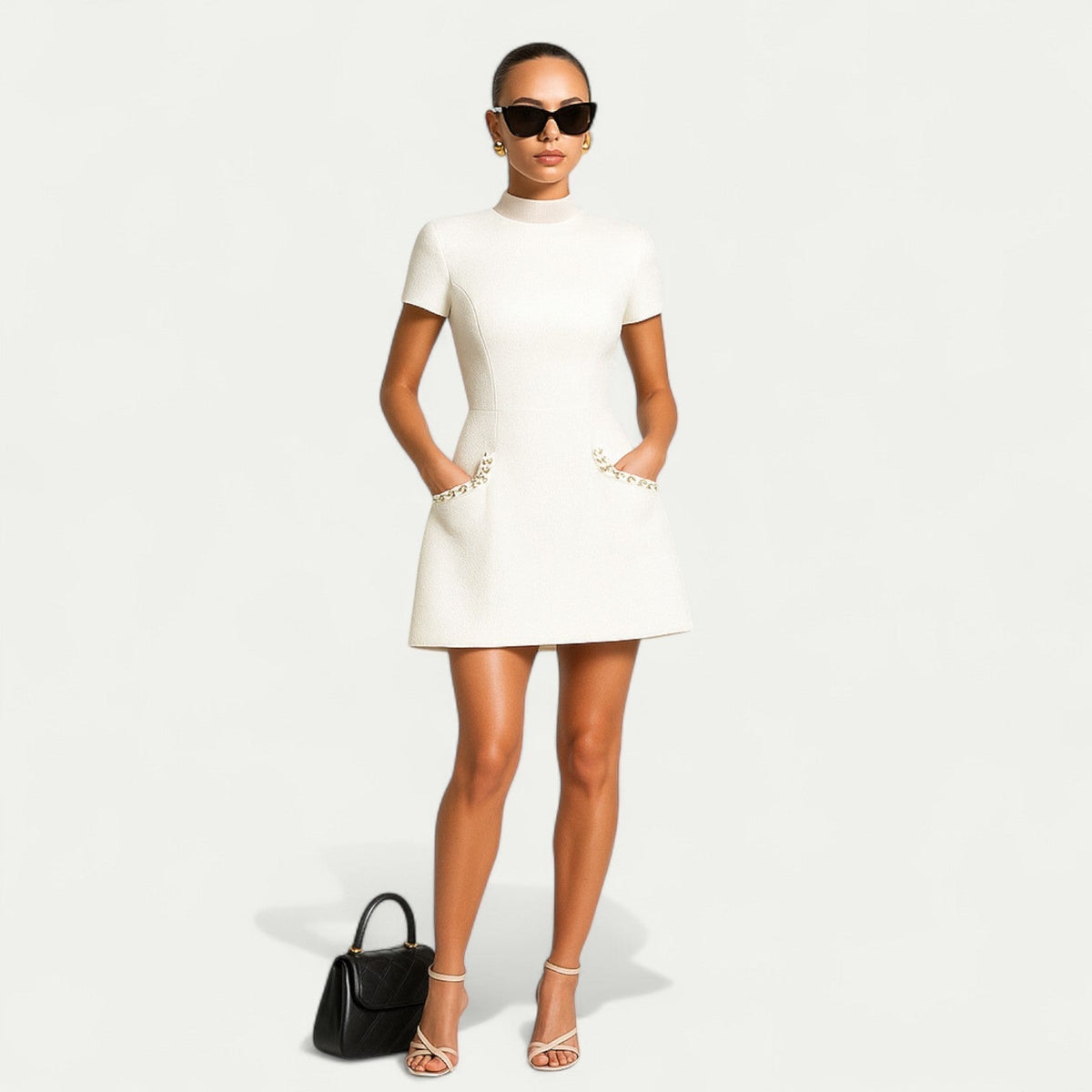 Elegancka sukienka mini z kieszeniami i perłowymi detalami - Biały