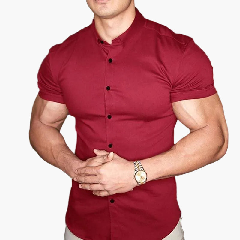 Męska koszula slim fit z krótkim rękawem do biura i na co dzień - Bordowy