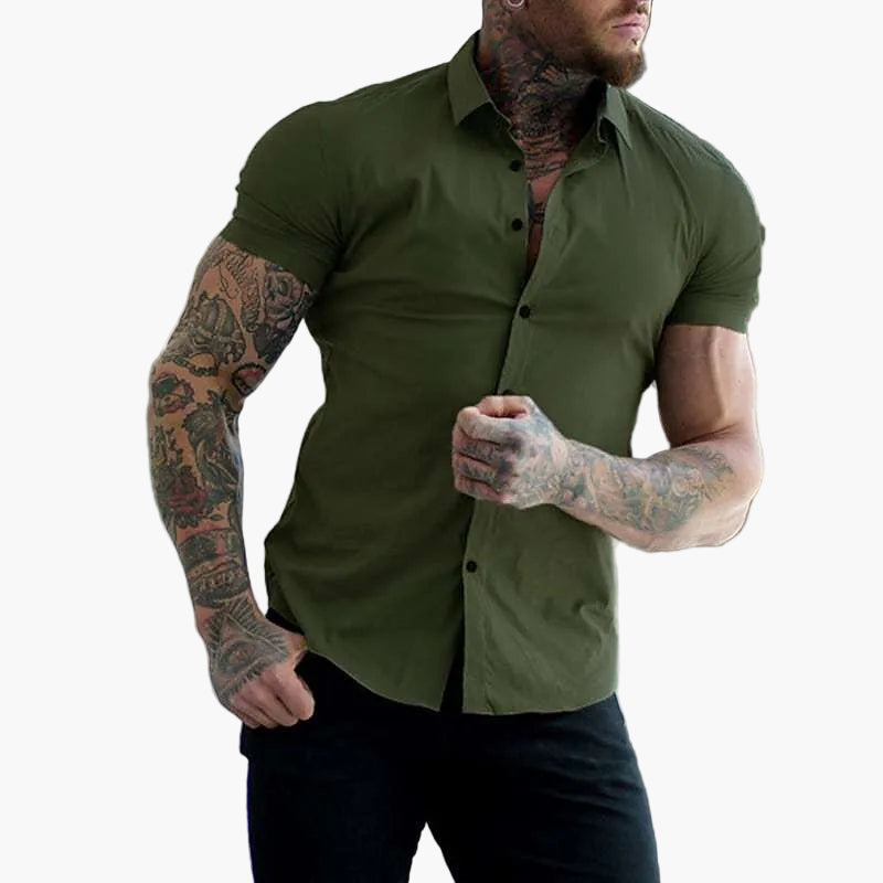 Męska koszula slim fit z krótkim rękawem do biura i na co dzień - Zielony wojskowy
