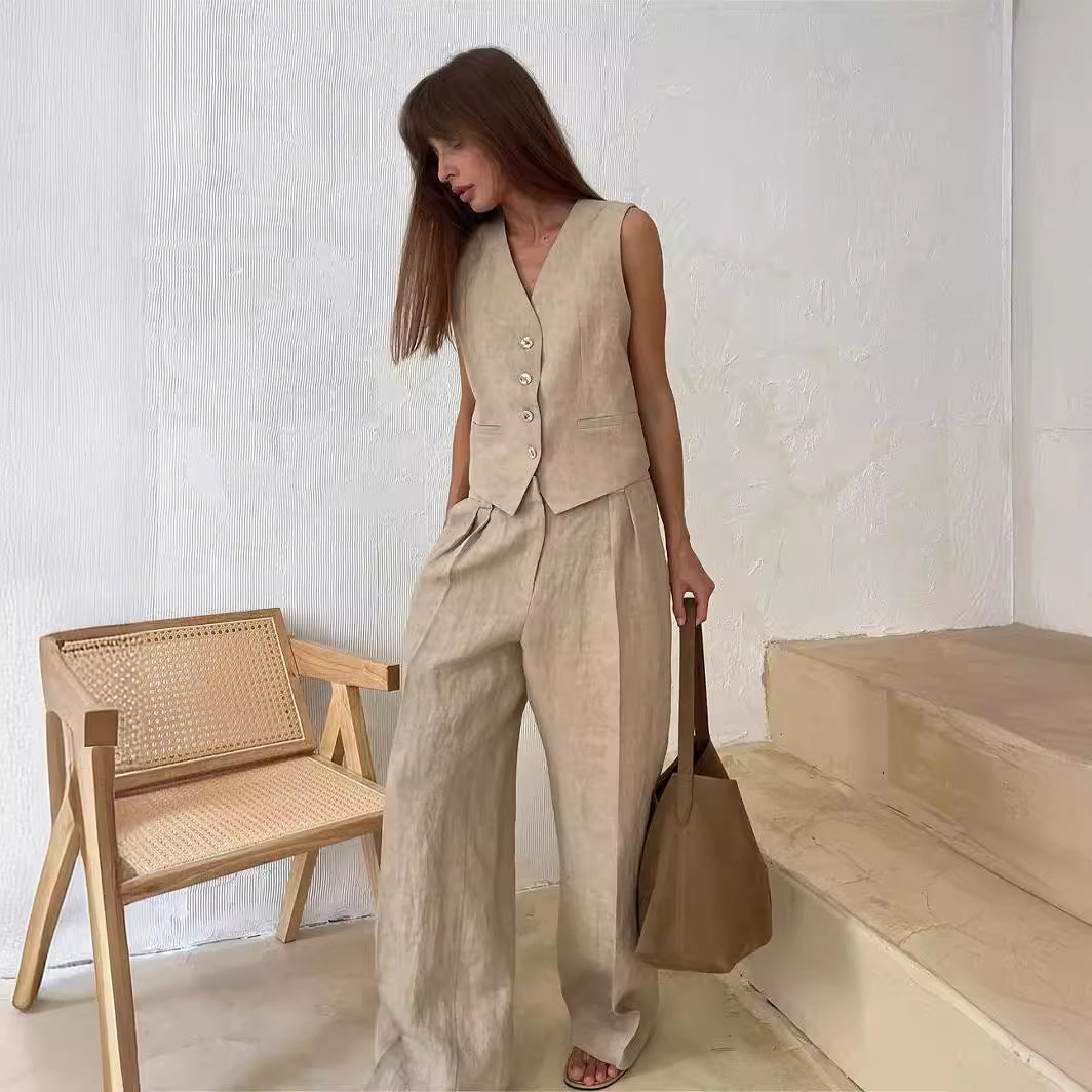 Elegancki komplet z kamizelką i szerokimi spodniami - Khaki