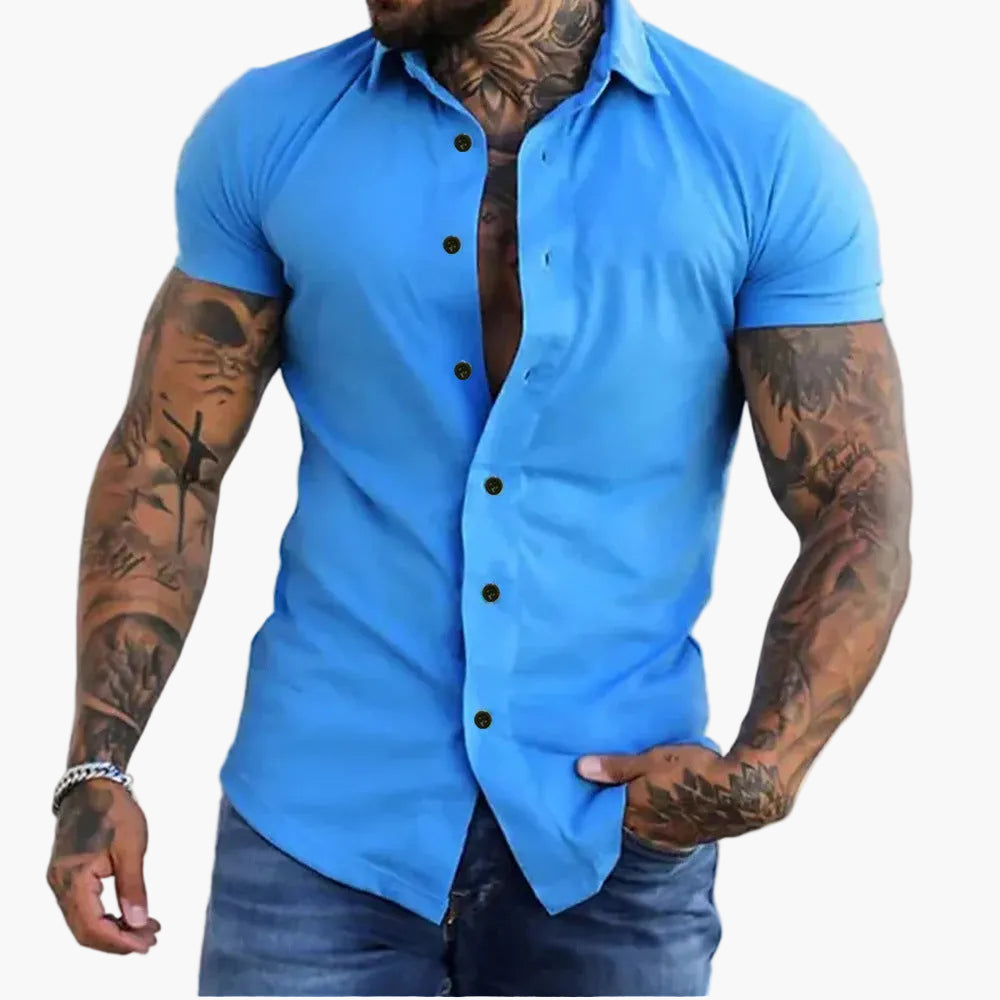 Męska koszula slim fit z krótkim rękawem do biura i na co dzień - Niebieski