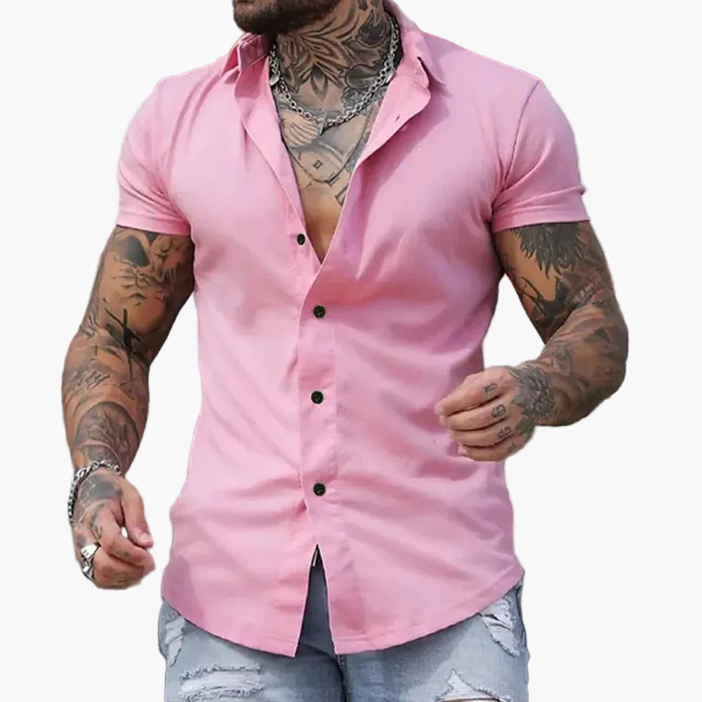 Męska koszula slim fit z krótkim rękawem do biura i na co dzień - Różowy