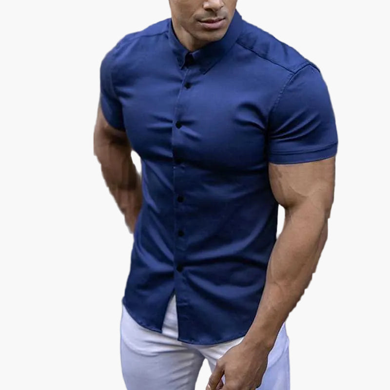 Męska koszula slim fit z krótkim rękawem do biura i na co dzień - Granatowy