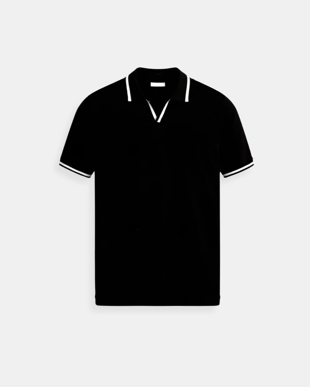 Granatowy sweter polo męski z otwartym dekoltem i białymi detalami