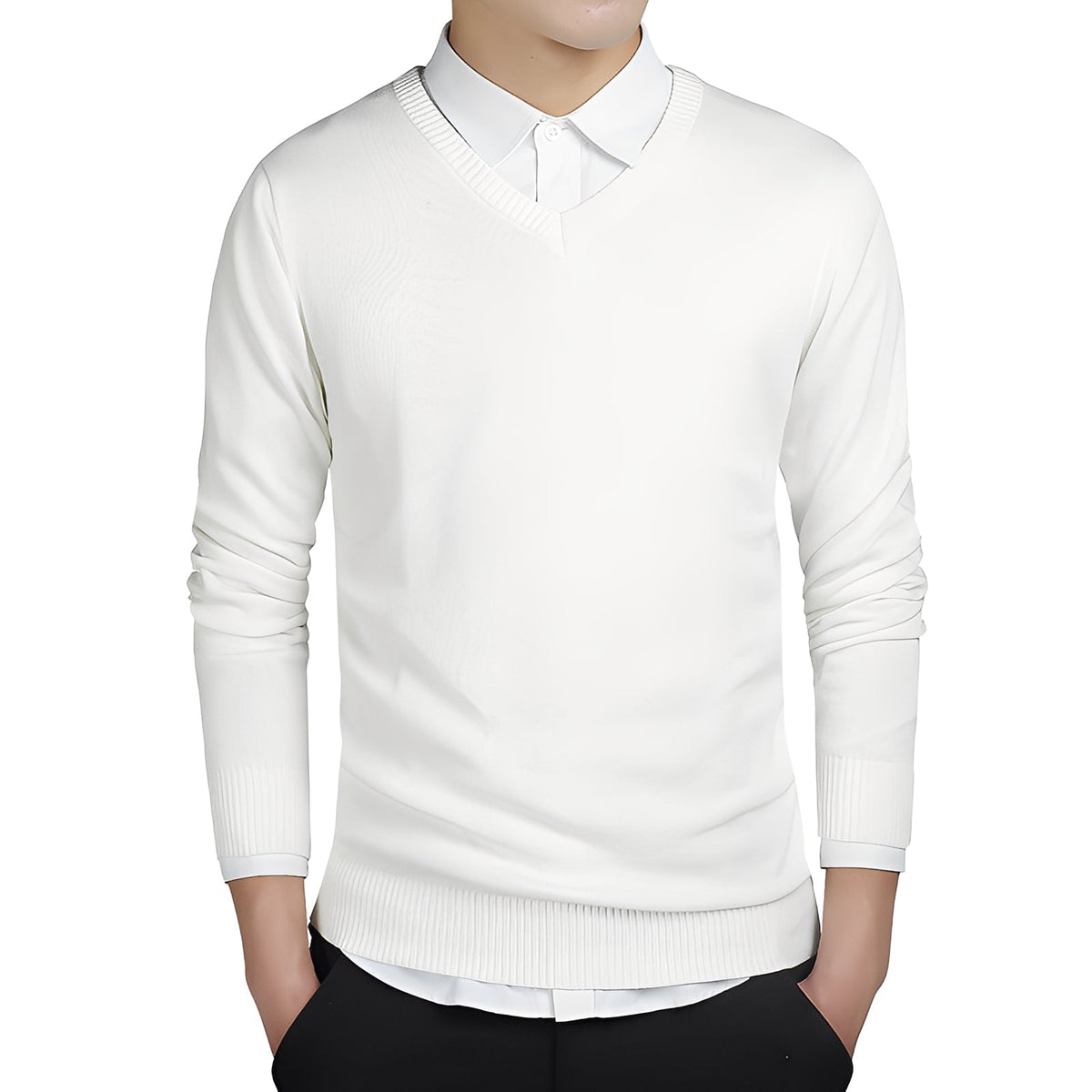 Dopasowany pulower męski z dekoltem w kształcie V - Biały