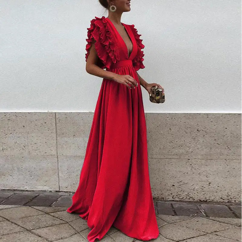 Długa zwiewna sukienka z eleganckimi falbanami - Czerwony