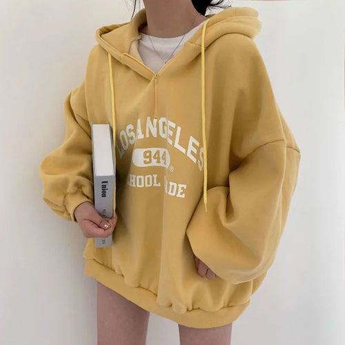 Bluza oversize z kapturem i nadrukiem college - Żółty