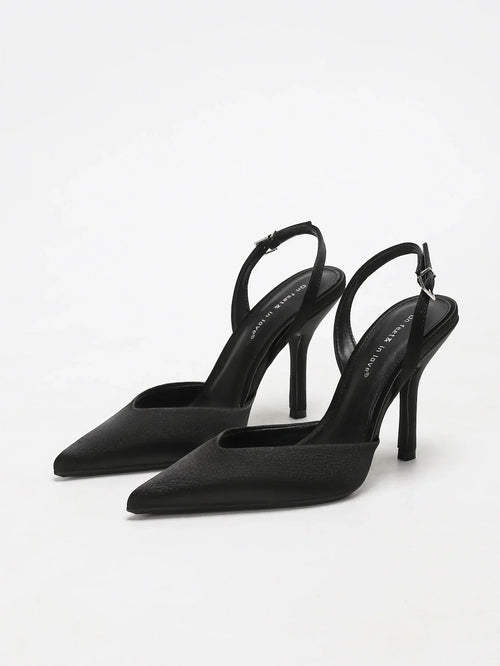 Czółenka z jedwabną cholewką, odkrytą piętą i regulowanym paskiem - Czarny (9.5 cm)