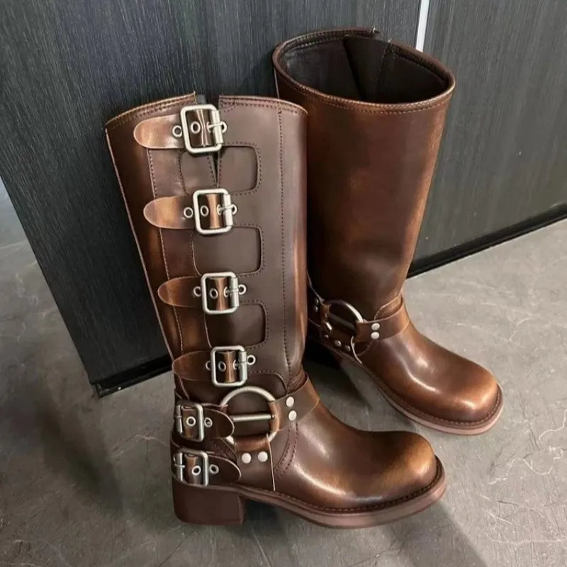 Botki biker za kostkę w stylu vintage - Brązowy