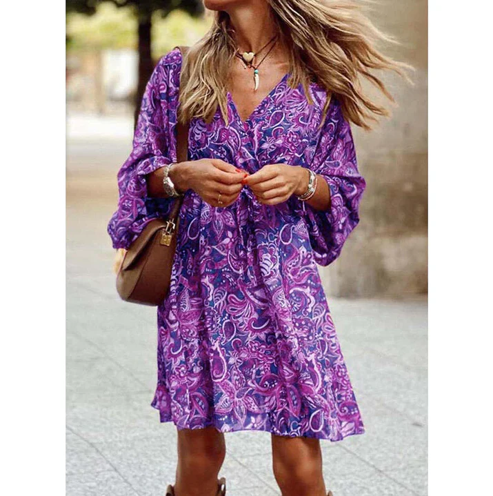 Krótka sukienka boho o luźnym kroju z długimi rękawami - Fioletowy