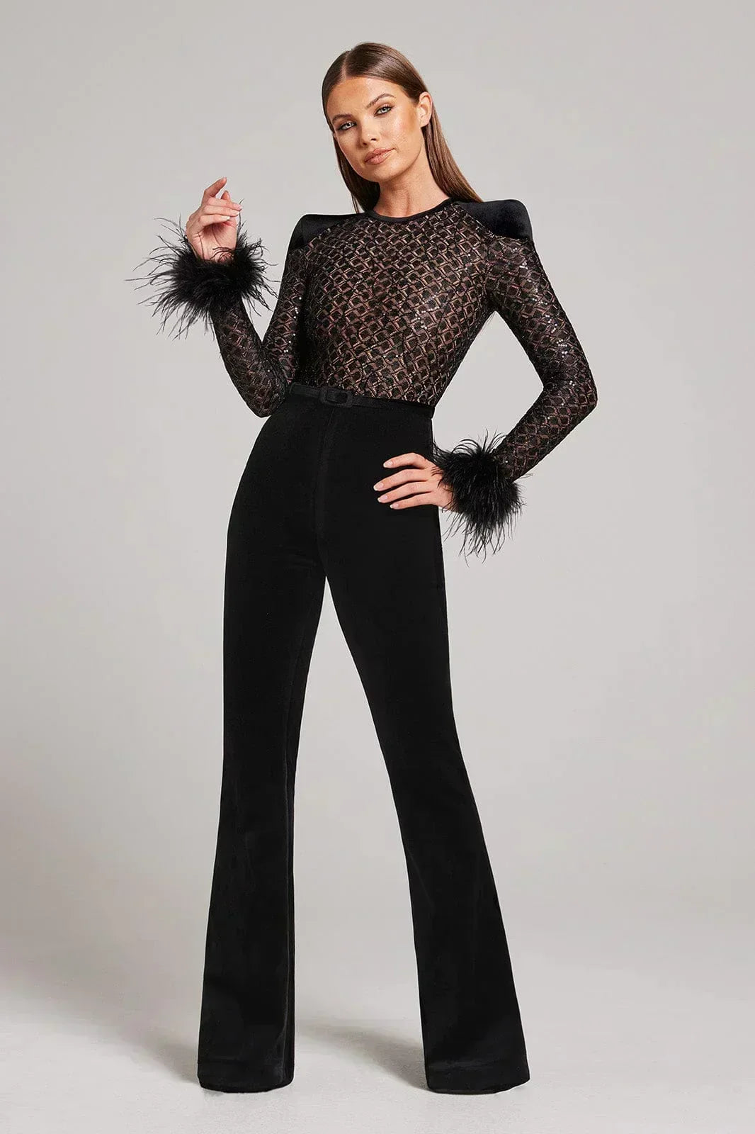 Eleganckie damskie body wieczorowe z piórami - Czarny
