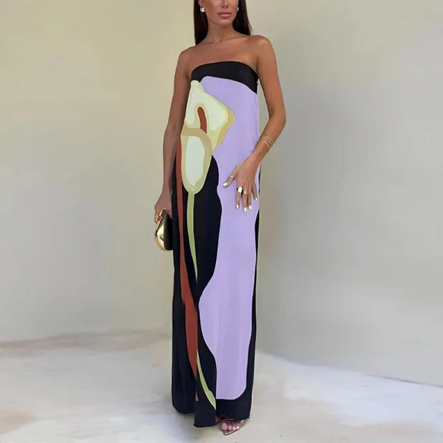 Elegancka wzorzysta sukienka maxi bez ramiączek - Fioletowy