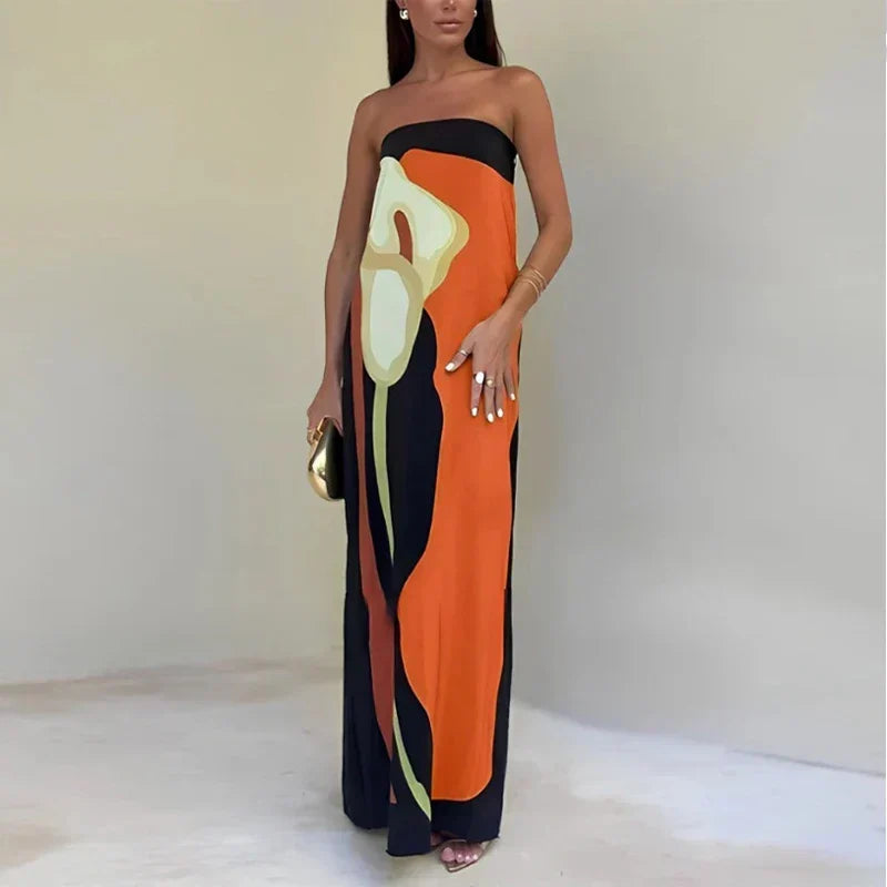 Elegancka wzorzysta sukienka maxi bez ramiączek - Pomarańczowy