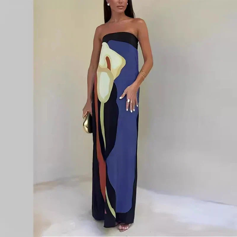 Elegancka wzorzysta sukienka maxi bez ramiączek - Niebieski