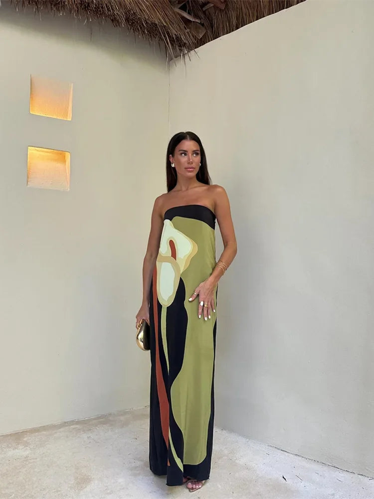 Elegancka wzorzysta sukienka maxi bez ramiączek - Zielony