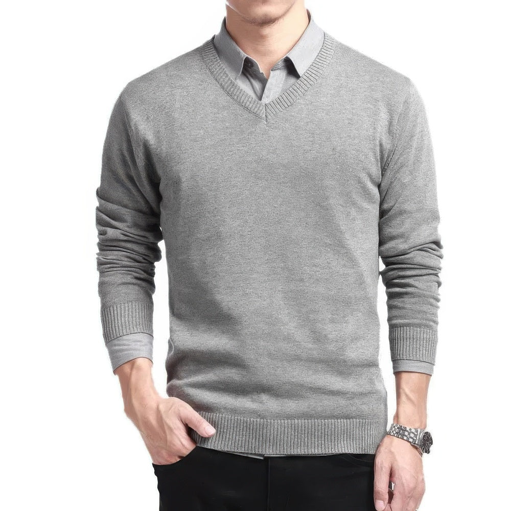 Męski sweter z dekoltem w serek w minimalistycznym stylu - Szary