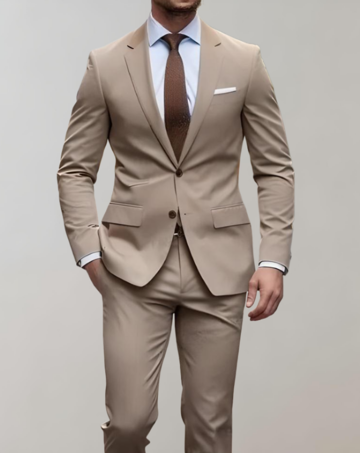 Dwuczęściowy elegancki komplet męski z koszulą i spodniami - Khaki