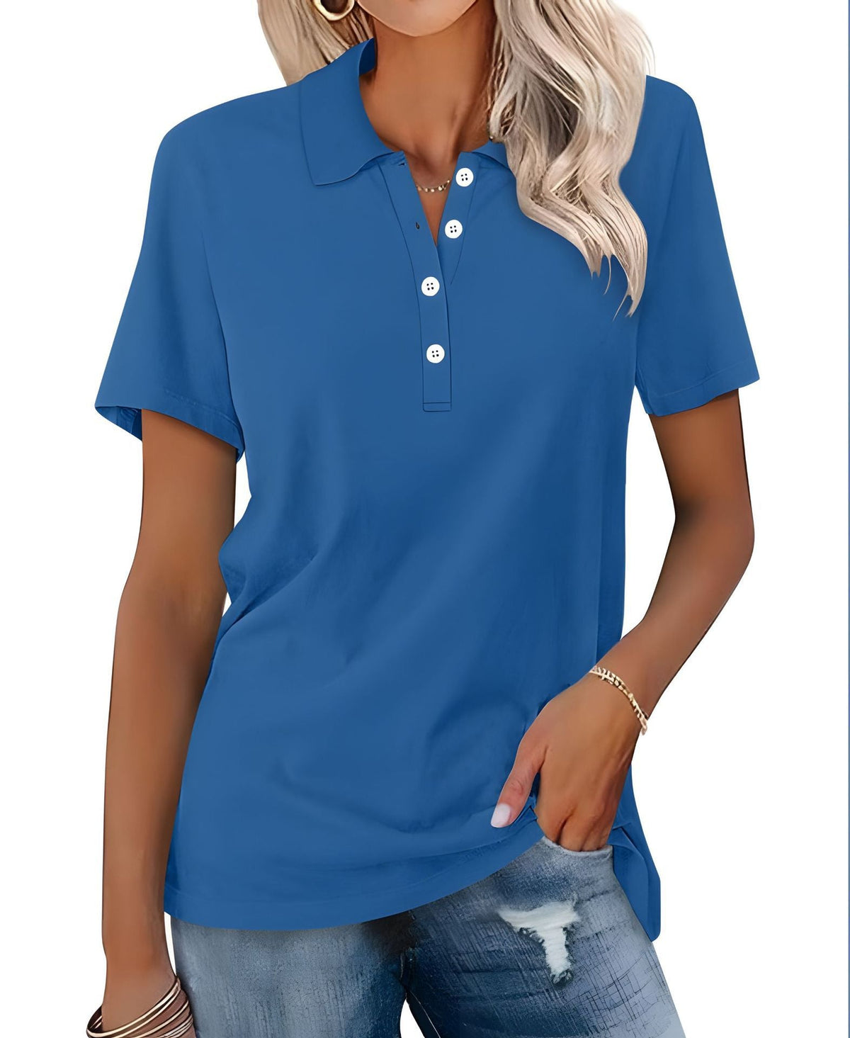 Damska koszulka polo slim fit z krótkim rękawem - niebieski