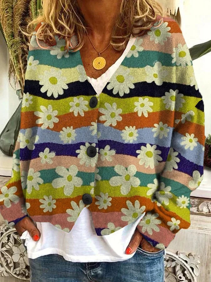 Kolorowy damski kardigan z guzikami w stylu vintage - Żółty