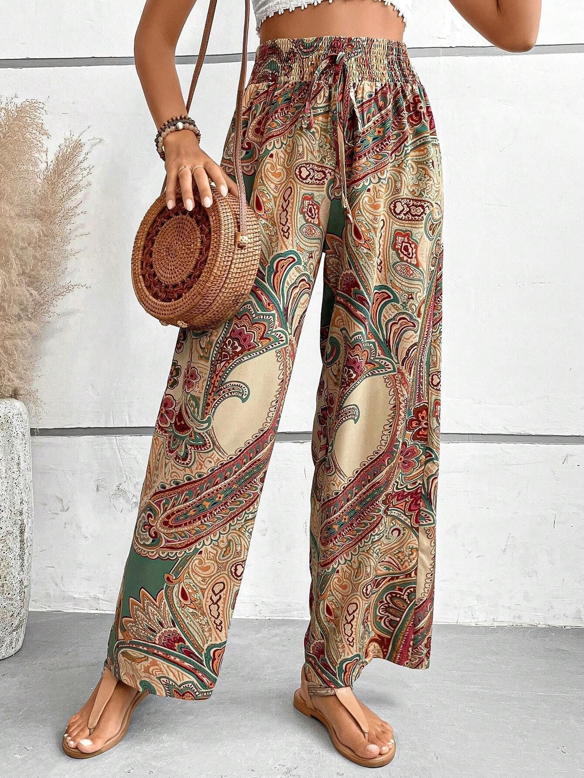 Lekkie spodnie boho z szerokimi nogawkami i wzorem paisley - Beżowy