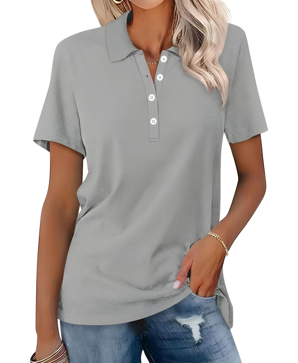 Damska koszulka polo slim fit z krótkim rękawem - Szary