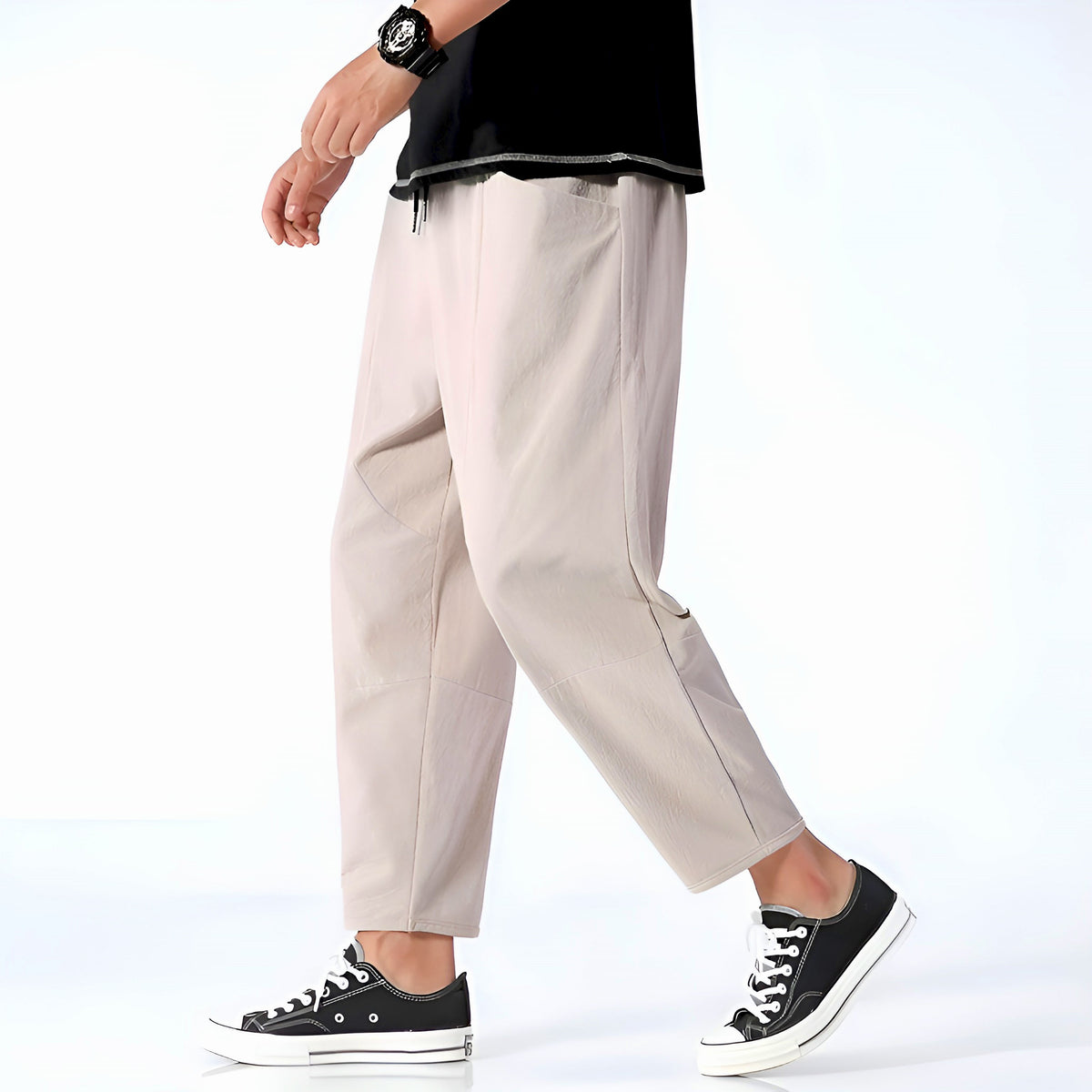 Męskie spodnie cropped z szerokimi nogawkami i troczkiem - Khaki