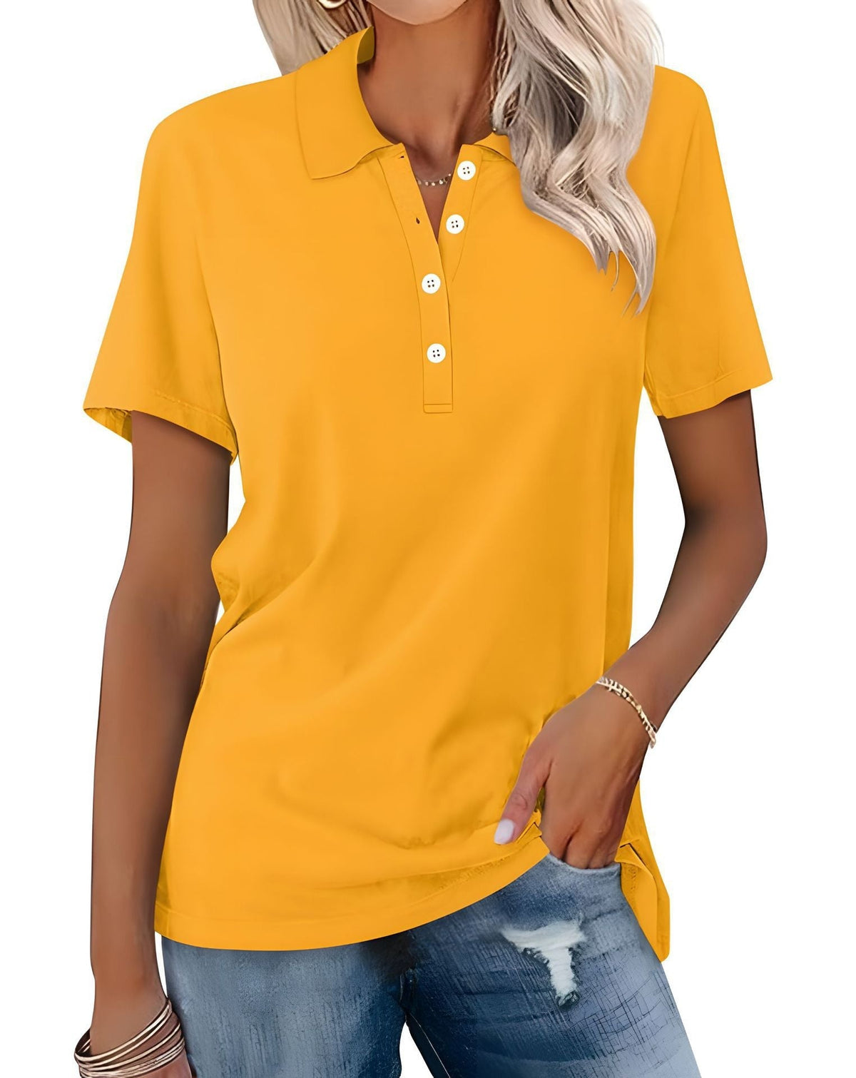 Damska koszulka polo slim fit z krótkim rękawem - Żółty