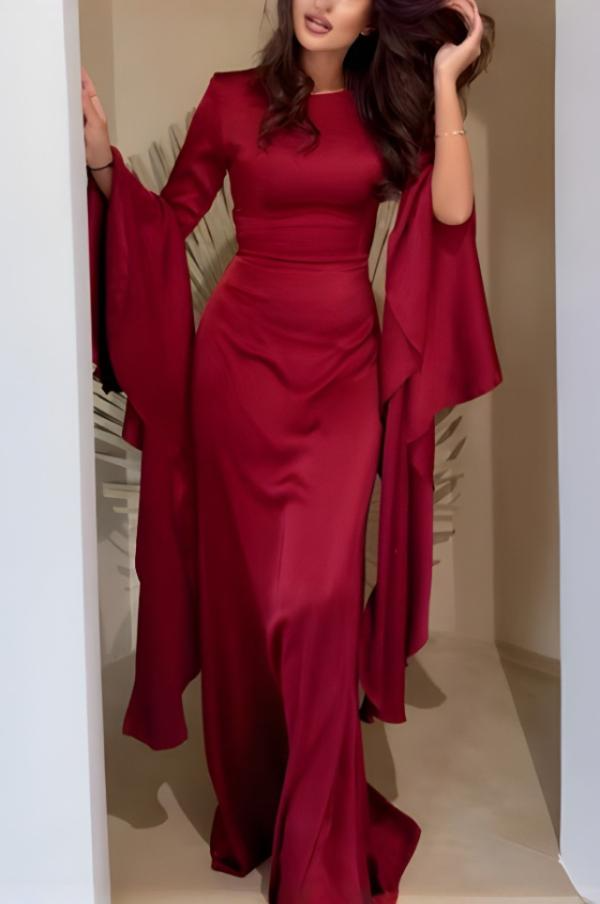 Elegancka sukienka maxi z falbaniastymi rękawami - Czerwony