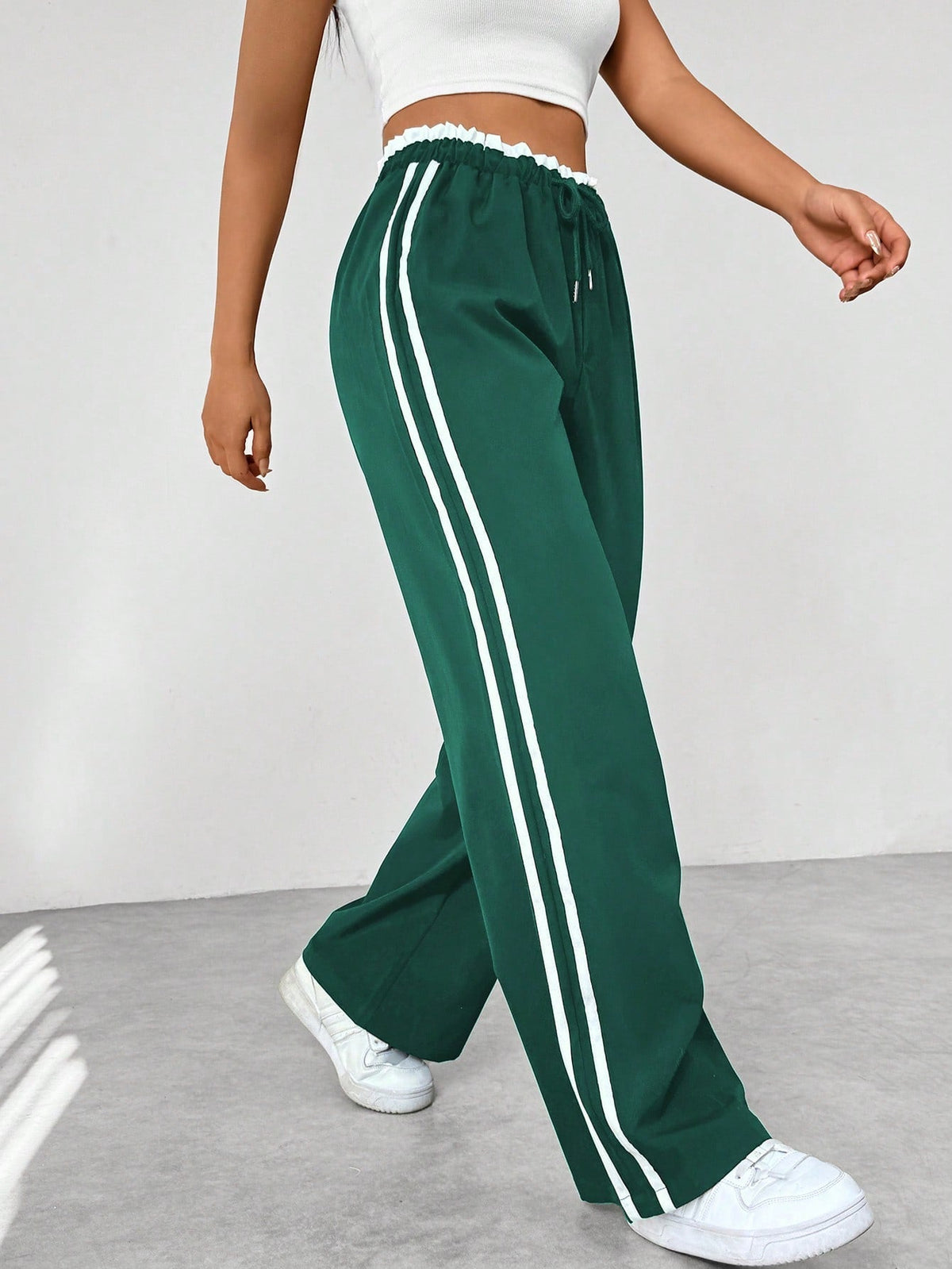 Spodnie wide-leg z paskami po bokach - Ciemnozielony