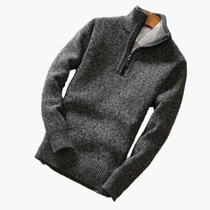 Męski sweter z dzianiny z pół-zamkiem przy kołnierzu - Ciemnoszary