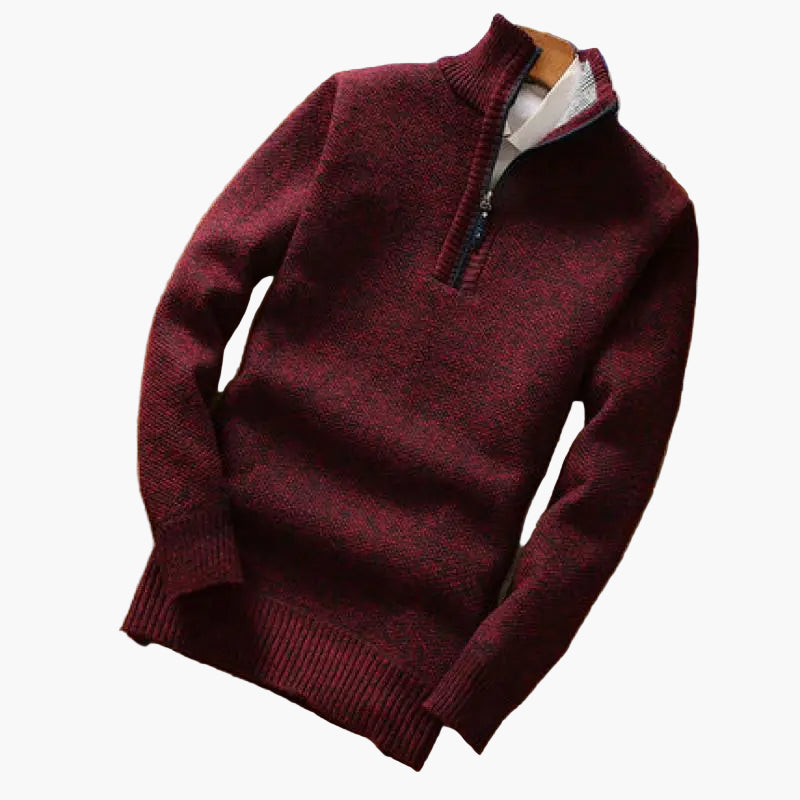 Męski sweter z dzianiny z pół-zamkiem przy kołnierzu - Bordeaux