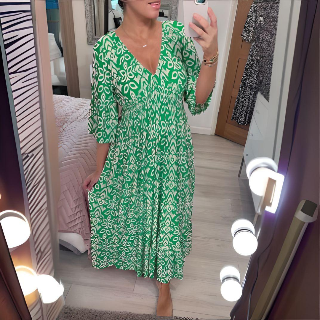 Zwiewna sukienka maxi boho z dekoltem V i etnicznym wzorem - Zielony