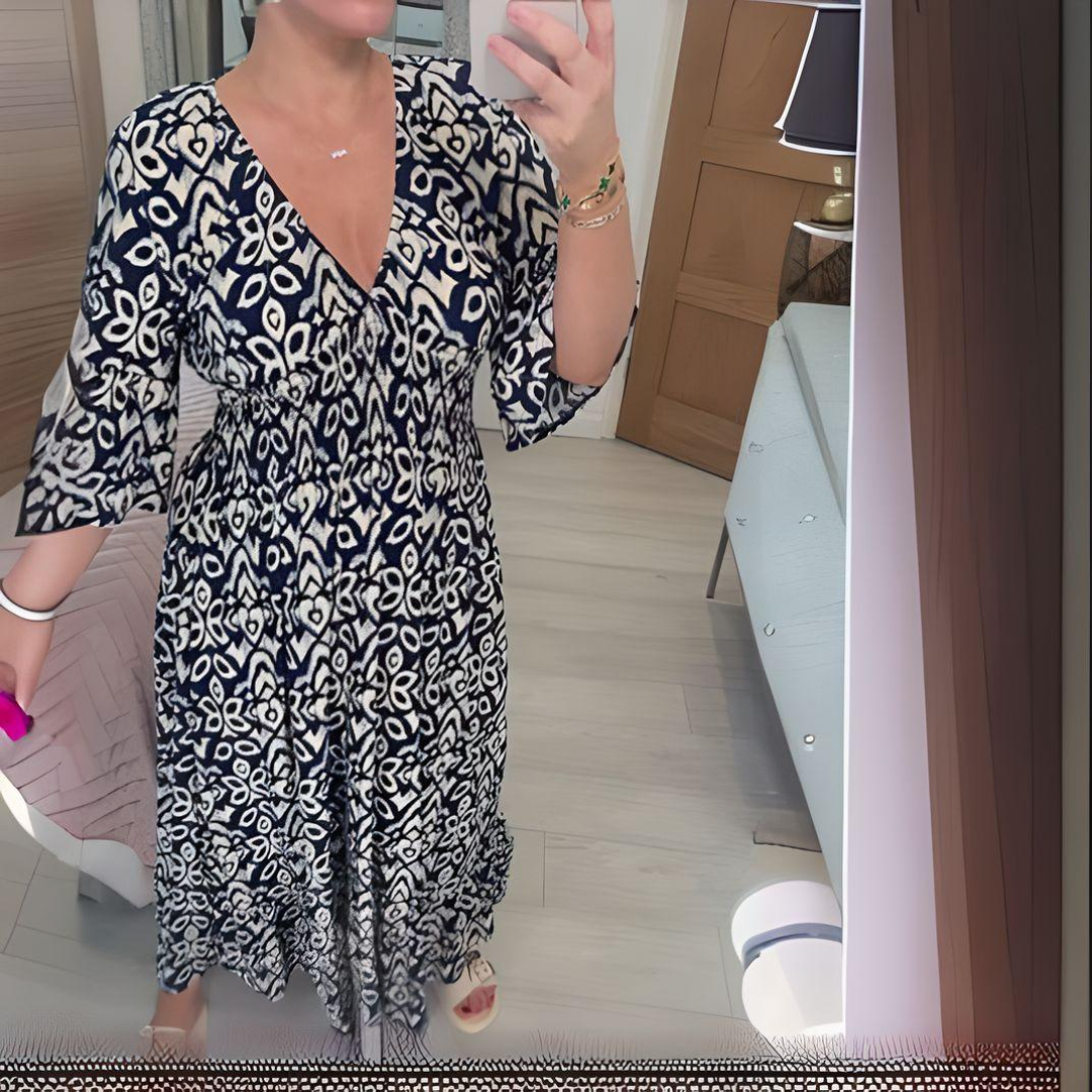 Zwiewna sukienka maxi boho z dekoltem V i etnicznym wzorem - Granatowy