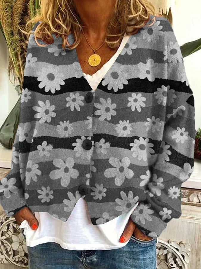 Kolorowy damski kardigan z guzikami w stylu vintage - Szary