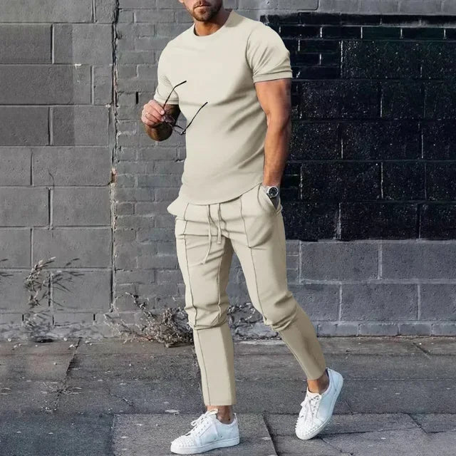 Męski dwuczęściowy komplet casualowy o kroju slim fit - Beżowy