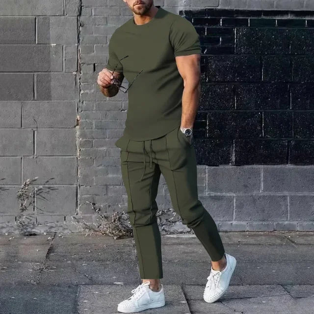Męski dwuczęściowy komplet casualowy o kroju slim fit - Zielony