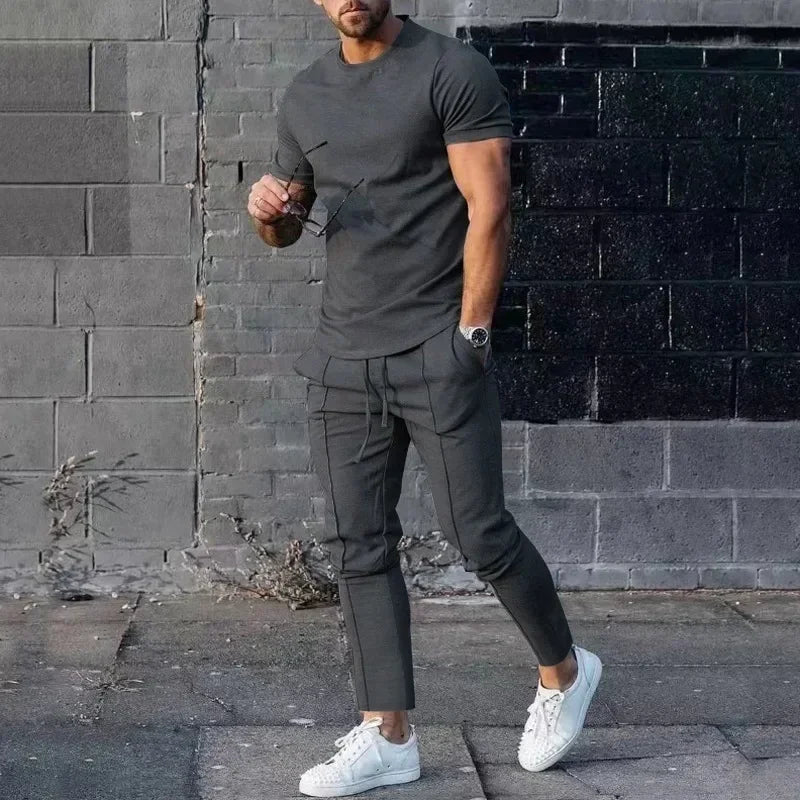 Męski dwuczęściowy komplet casualowy o kroju slim fit - Szary