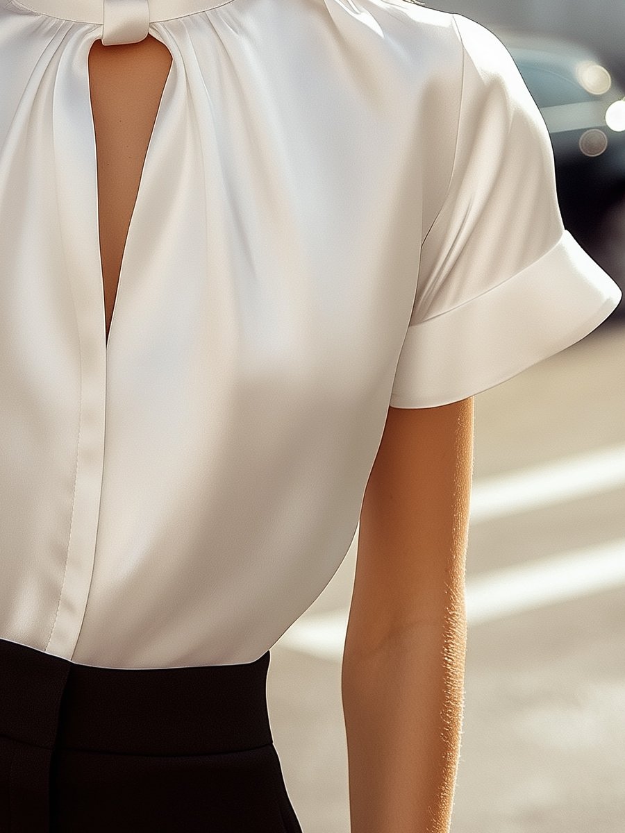 Elegancka satynowa bluzka z ozdobną klamrą przy dekolcie