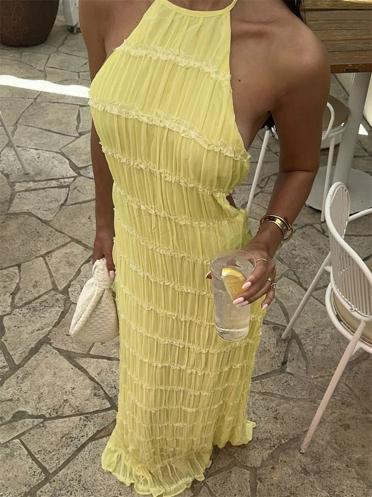 Elegancka sukienka maxi halter z odkrytymi plecami - Żółty