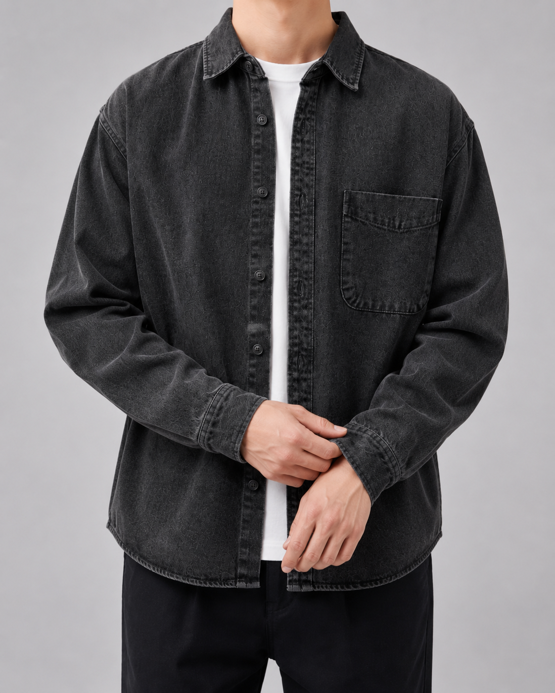 Bawełniany męski overshirt denimowy o luźnym fasonie - Czarny