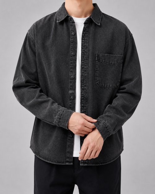 Bawełniany męski overshirt denimowy o luźnym fasonie - Czarny