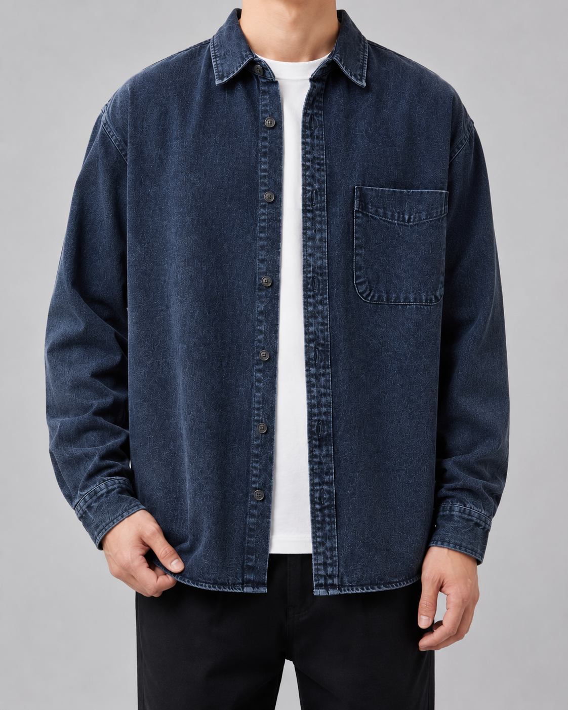 Bawełniany męski overshirt denimowy o luźnym fasonie - Granatowy