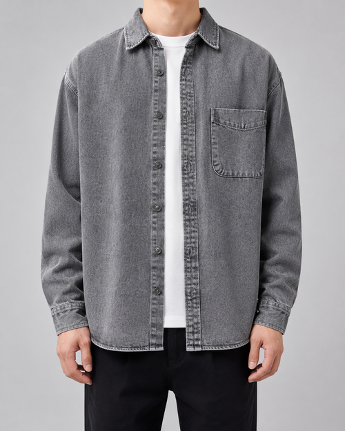 Bawełniany męski overshirt denimowy o luźnym fasonie - Szary