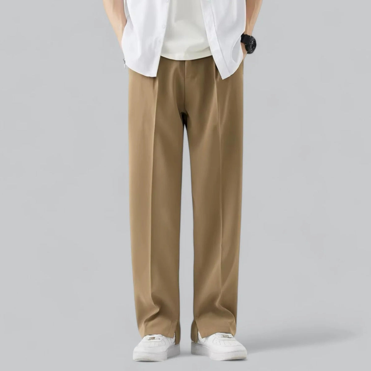 Eleganckie spodnie męskie z luźnymi, szerokimi nogawkami - Khaki